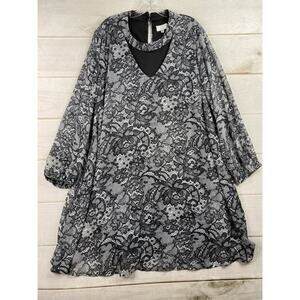 Robbie Bee Dress Womens 24W Black Floral Keyhole Lined Slit Sleeve Flowy Boho